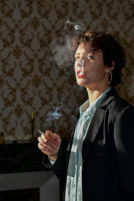 a woman smoking a cigarette in a living room, pexels contest winner, renaissance, wearing a fancy jacket, ripley, profile image, serious business