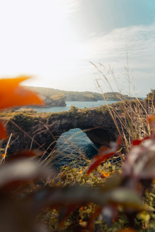 a man standing on top of a cliff next to a body of water, spooky autumnal colours, curved bridge, cornwall, slide show