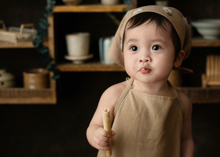 a little girl standing in a kitchen holding a wooden spoon, a portrait, inspired by Louis Le Nain, pexels contest winner, starbucks aprons and visors, kewpie mayonnaise, nivanh chanthara, lovingly looking at camera