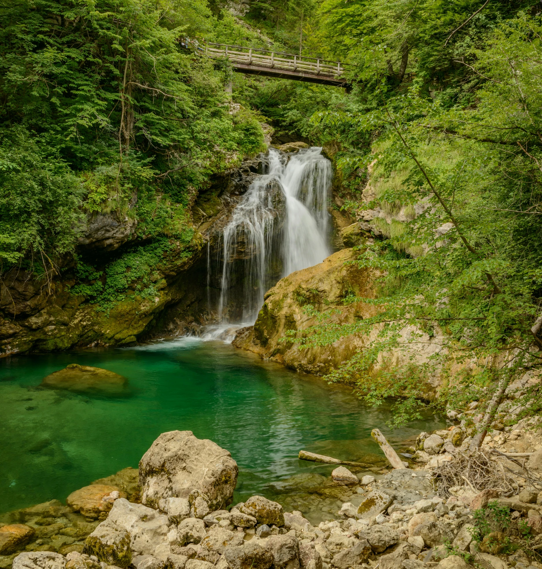 a waterfall in the middle of a forest, by Franz Hegi, pexels contest winner, hurufiyya, turquoise water, slovenian, slide show, brown