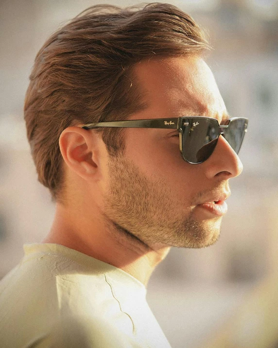a close up of a person wearing sunglasses, a picture, lean man with light tan skin, gal yosef, model, hyperrealistic”