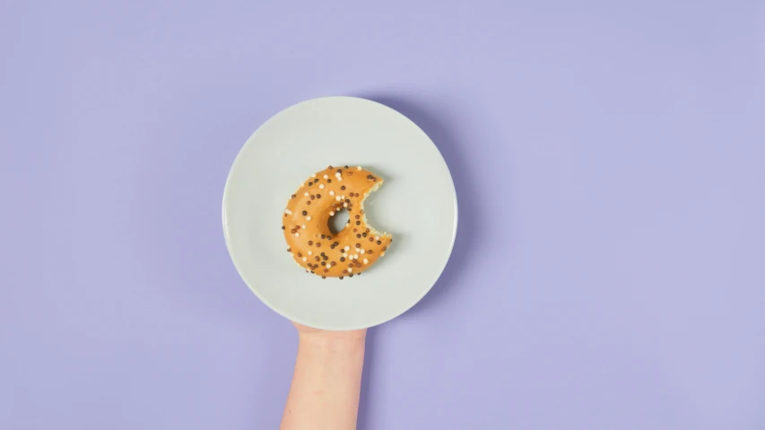 a person holding a plate with a donut on it, inspired by Damien Hirst, trending on pexels, half moon, minimalistic design, vanilla, 200mm