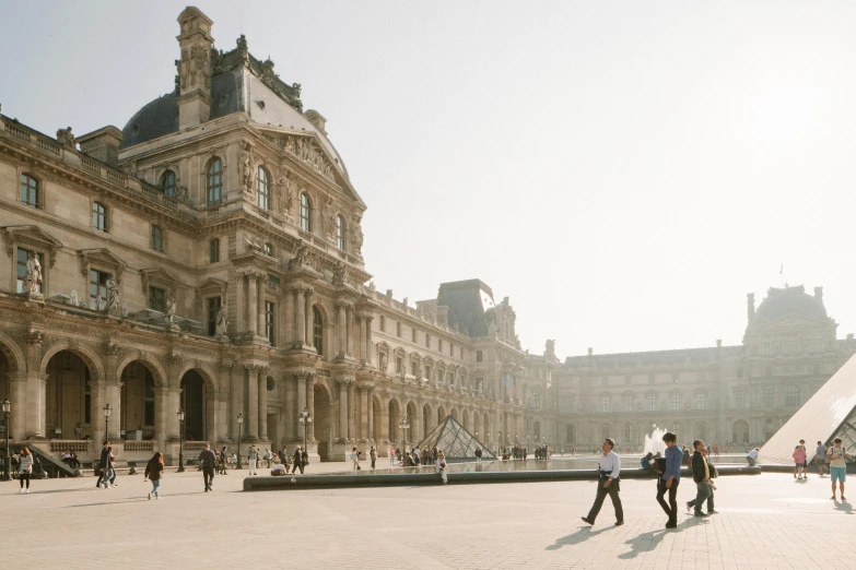 a group of people walking in front of a building, a photo, unsplash contest winner, paris school, square, slightly sunny, louis xiv, youtube thumbnail