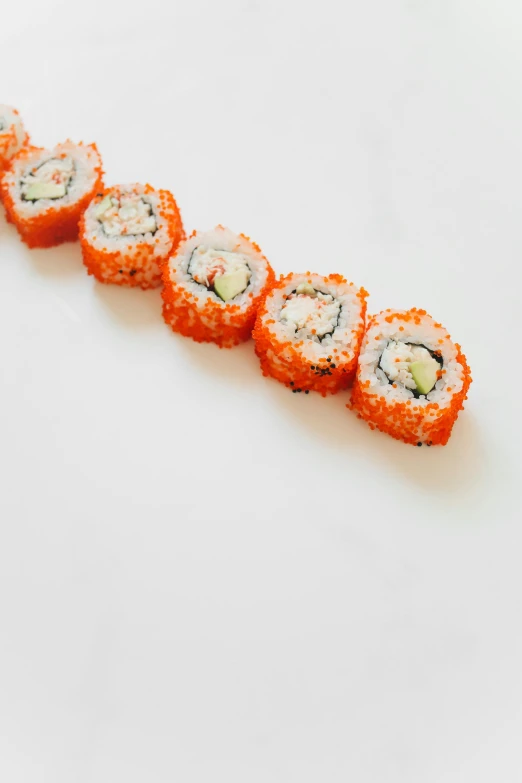 a long line of sushi rolls on a white surface, unsplash, orange fluffy spines, sparkly, 6 pack, vine twist