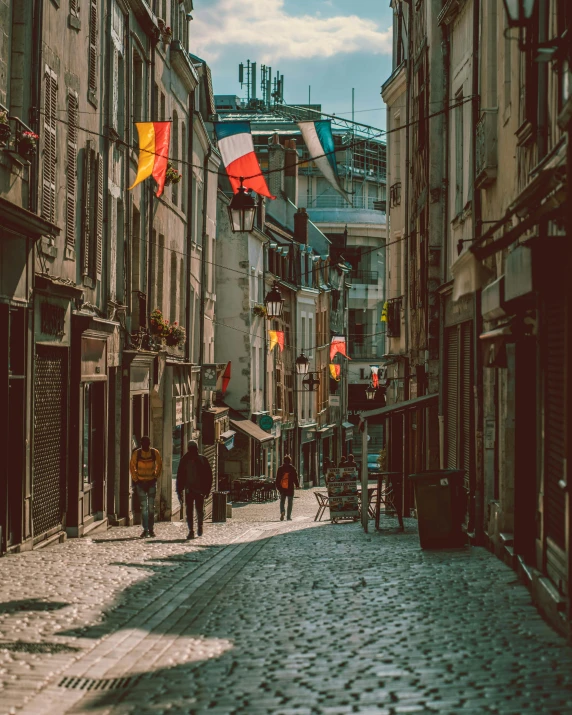 a couple of people walking down a cobblestone street, pexels contest winner, renaissance, flags, in retro colors, lgbt, parisian buildings