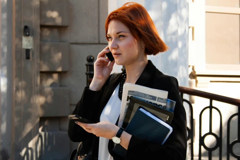a woman with red hair talking on a cell phone, pexels, realism, lawyer clothing, multiple stories, realistic »