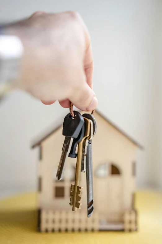 a person holding a bunch of keys in front of a house, a digital rendering, by Niko Henrichon, shutterstock, doll house, 🚿🗝📝