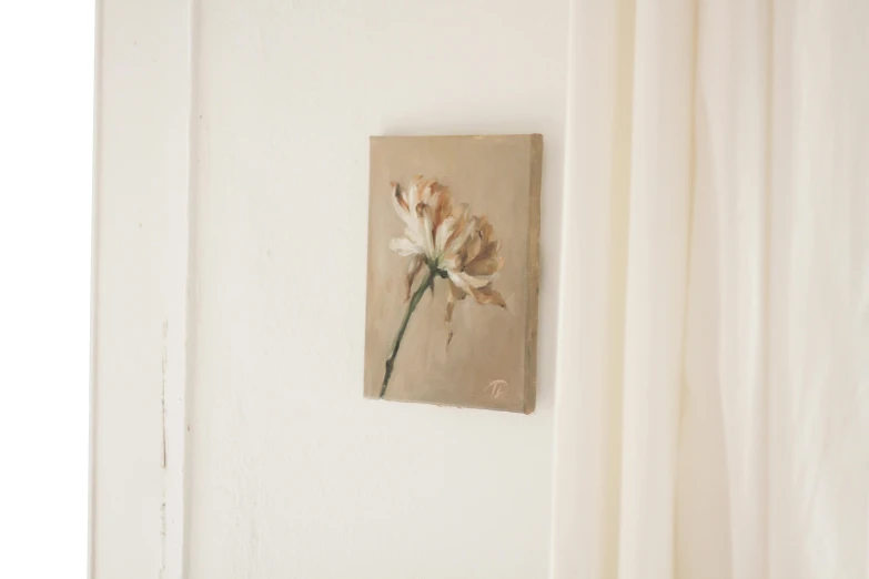 a painting of a flower hanging on a wall, inspired by Anton Mauve, soft sepia tones, virginie ropars, oil on panel, jia ruan