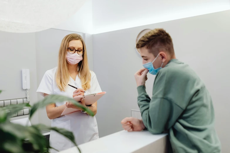 a man and a woman standing in front of a mirror, masked doctors, underbite, profile image, waiting room