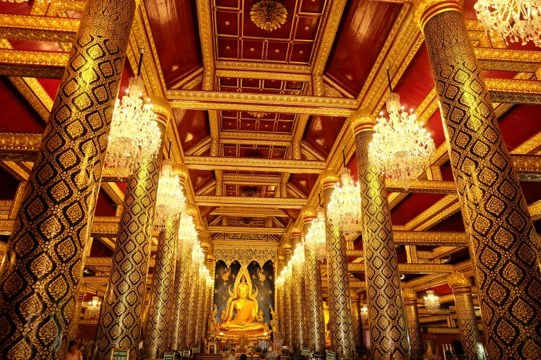 a group of people that are inside of a building, pexels, maximalism, thai temple, golden pillars, interior of a small, brown