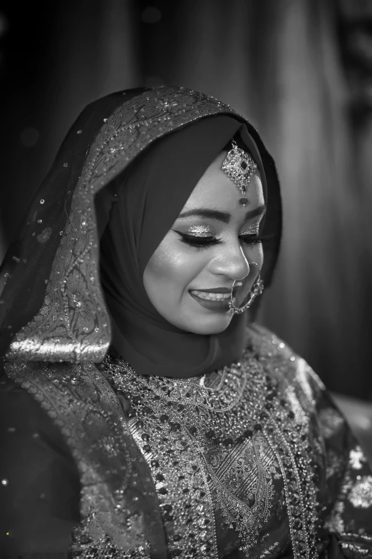 a woman in a black and white photo, a black and white photo, inspired by Nazmi Ziya Güran, hurufiyya, professional wedding photography, very vibrant, snapchat photo, african woman