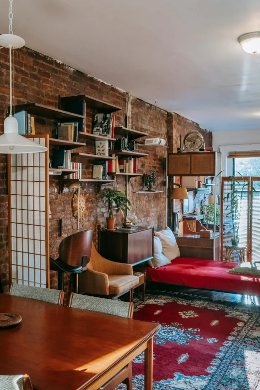 a living room filled with furniture and a brick wall, by John Haberle, unsplash contest winner, maximalism, lush brooklyn urban landscaping, warmly lit posh study, 1 9 6 0 s, panoramic