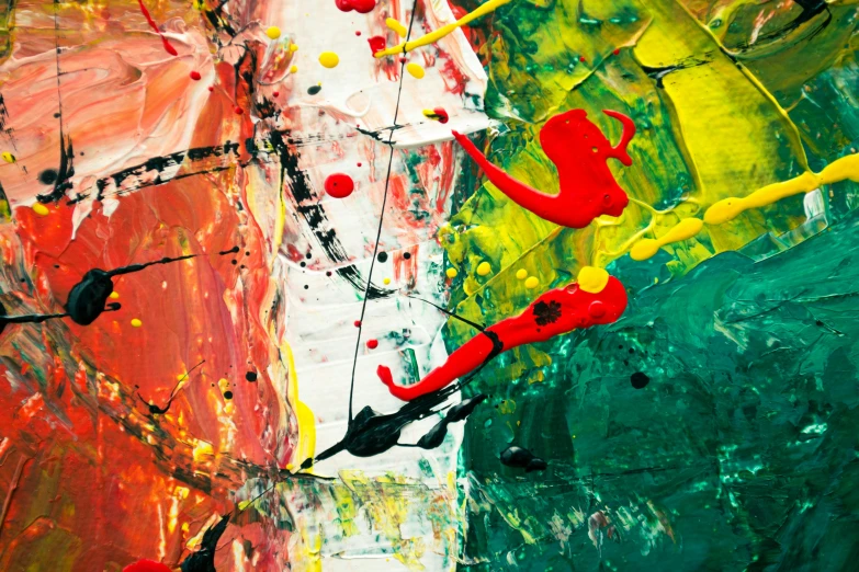 a close up of a painting on a wall, inspired by Hans Hofmann, pexels, abstract expressionism, red green yellow color scheme, oil inks, highly detailed oil on canvas, oil-on-canvas