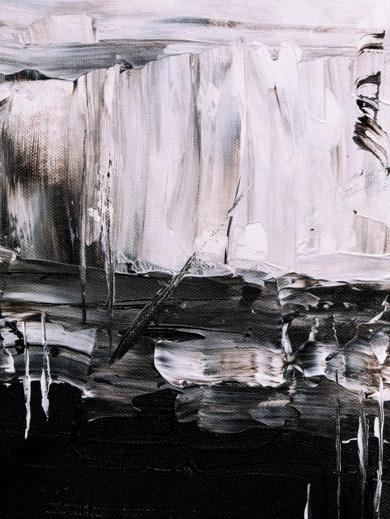 a painting of a boat in a body of water, inspired by Patrick Pietropoli, trending on unsplash, abstract expressionism, dark and white, pekka halonen, dripping stalagtites, 4k)