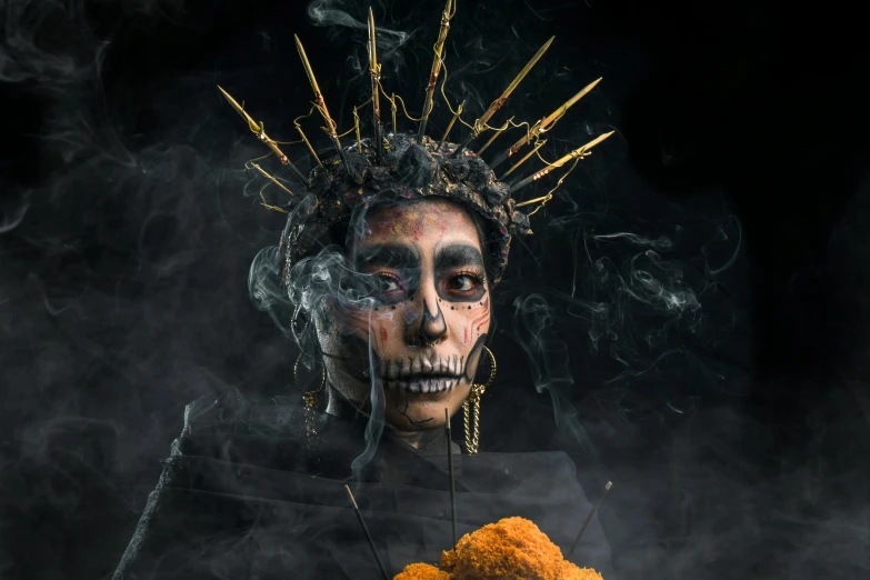 a close up of a person holding a plate of food, an album cover, by Alejandro Obregón, pexels contest winner, vanitas, elaborate ornate head piece, smoke, full body painting, tooth wu : : quixel megascans