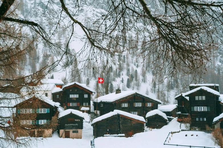 a group of houses sitting on top of a snow covered slope, swiss architecture, fan favorite, unsplash photography, 🦩🪐🐞👩🏻🦳