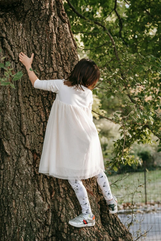 a little girl climbing up the side of a tree, inspired by Elsa Beskow, unsplash, arabesque, dressed in an old white coat, tights, dress in voile, rear-shot