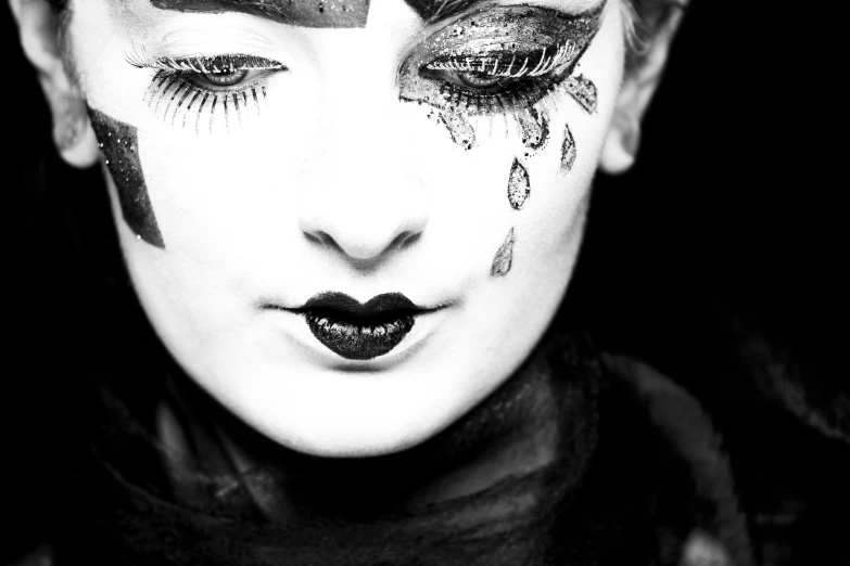 a black and white photo of a woman with makeup, inspired by Taro Yamamoto, featured on cgsociety, “diamonds, mime, detail face, mixed media photography
