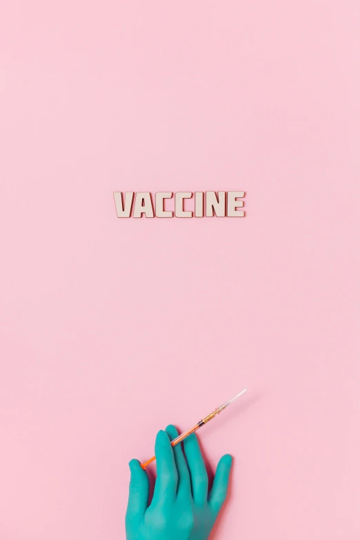 a person's hand holding a needle in front of the word vaccine on a pink background, an album cover, by Gee Vaucher, trending on pexels, clemens ascher, kawaii aesthetic, ta ha, 8 0. lv