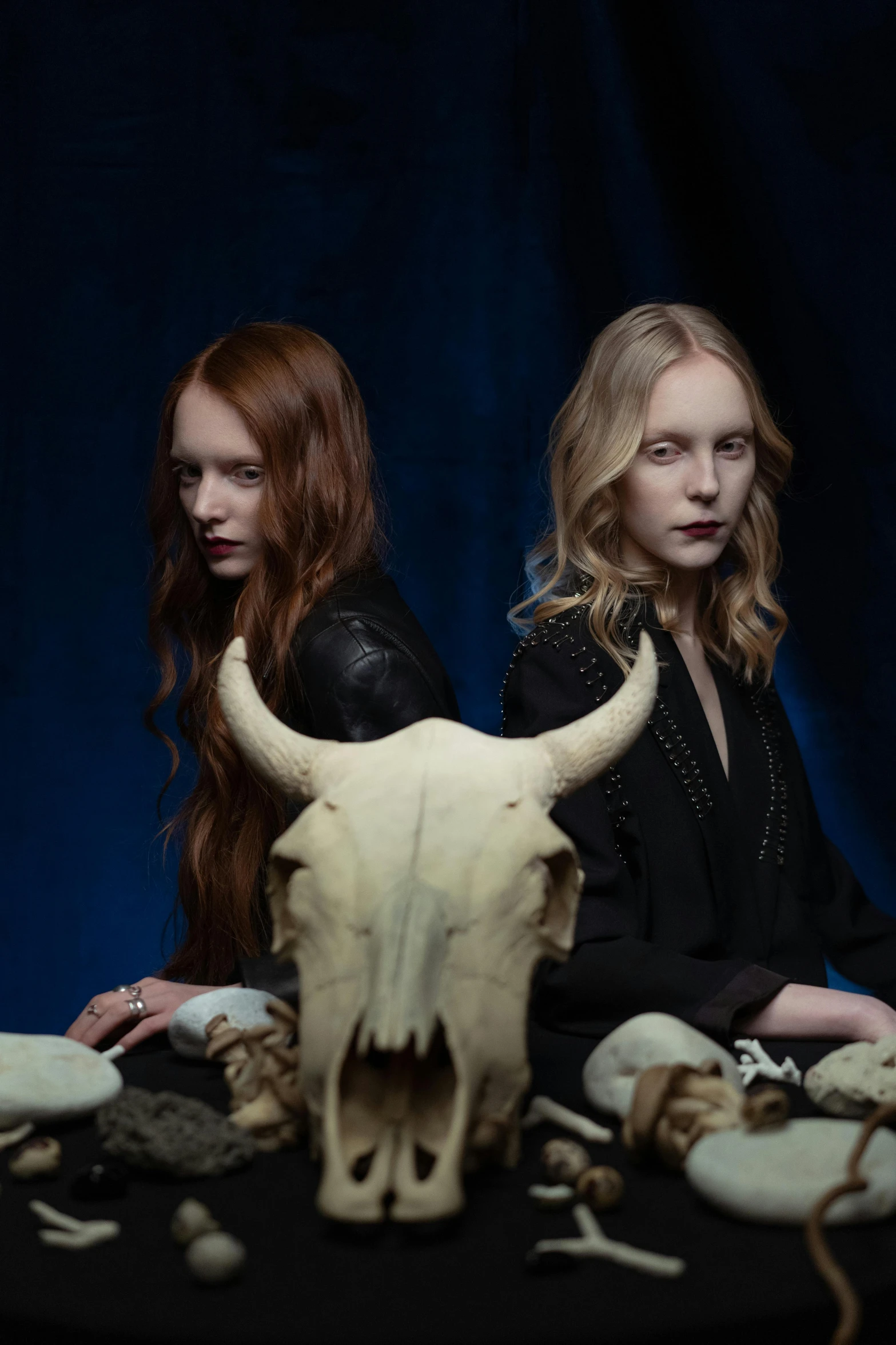 two women sitting in front of a table with skulls on it, an album cover, inspired by Vanessa Beecroft, international gothic, horns. dark colors, scandinavian / norse influenced, cow skull, still from a live action movie