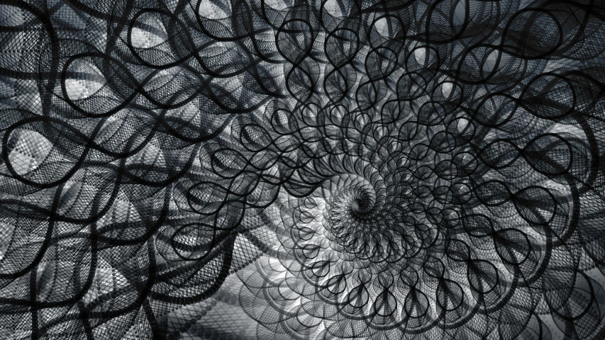 a black and white photo of a spiral design, an abstract drawing, inspired by Anna Füssli, generative art, detailed scales, netting, intricate digital painting, made of wire
