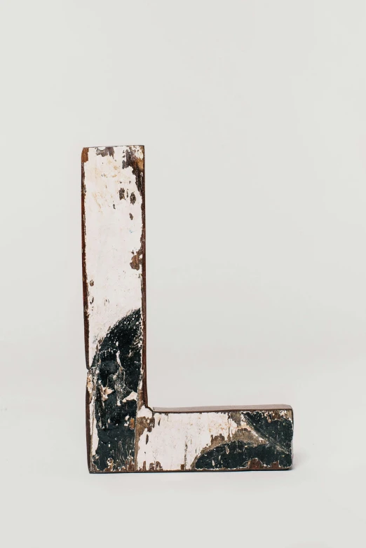 a rusted metal letter l on a white background, an abstract sculpture, by Henry Lamb, unsplash, letterism, wood block print, worn paint, white wood, harbor