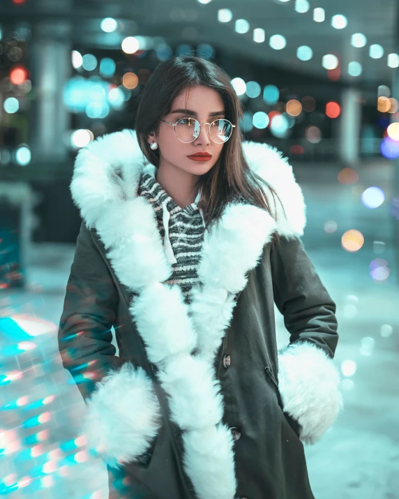 a woman standing on a city street at night, inspired by Elsa Bleda, trending on pexels, light grey fur, ( ( eye glasses ) ), ☁🌪🌙👩🏾, isabela moner