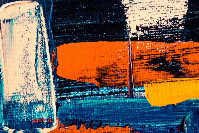 a close up of a painting of a surfboard, unsplash, abstract expressionism, some orange and blue, high contrast colours, textured canvas, abstract art representing data