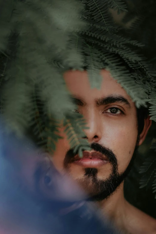 a close up of a man with a beard, an album cover, inspired by Germán Londoño, pexels contest winner, hurufiyya, lush foliage, portrait pose, indian, thin moustache
