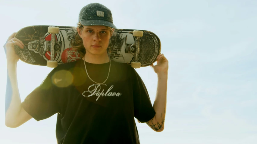 a young man holding a skateboard over his head, unsplash contest winner, hyperrealism, looking off into the distance, genderless, ( ( theatrical ) ), federation clothing