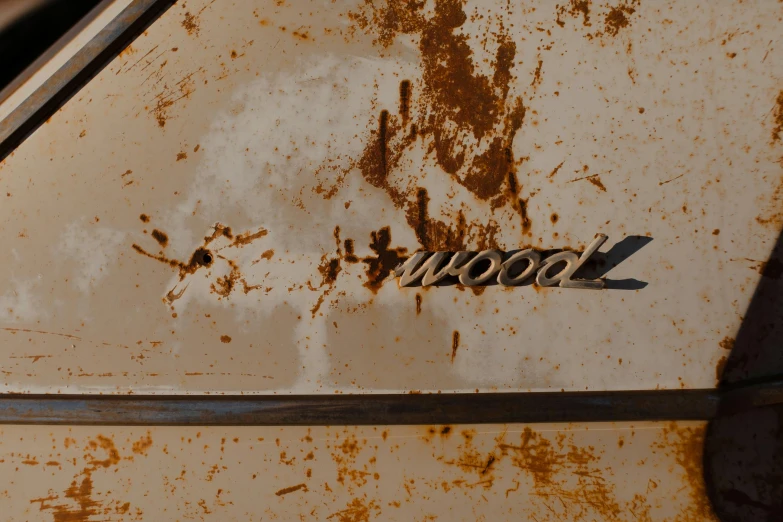 a rusted car with the word wood written on it, an album cover, by James Wood, unsplash, fine texture detail, vivienne westwood, embossed, hollywood standard