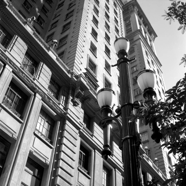 a black and white photo of a tall building, a black and white photo, inspired by Vivian Maier, cg society contest winner, art nouveau, lamps, photograph of san francisco, on a great neoclassical square, taken in the late 2000s