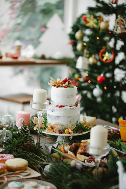 a table topped with lots of food next to a christmas tree, cake in hand, wedding, holiday vibe, profile image