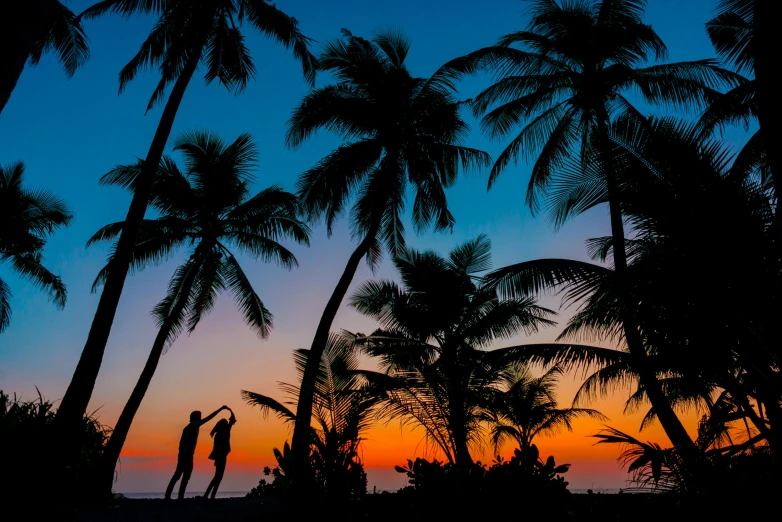 a couple of people standing on top of a beach next to palm trees, by Peter Churcher, pexels contest winner, summer evening, dancing on a tropical beach, thumbnail, multiple stories