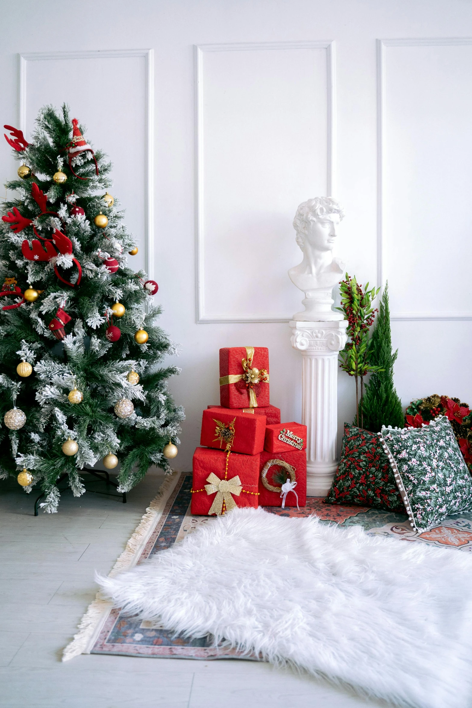 a living room with a christmas tree and presents, inspired by Ernest William Christmas, baroque, premium quality, red carpeted floor, with a white background, oscar winning