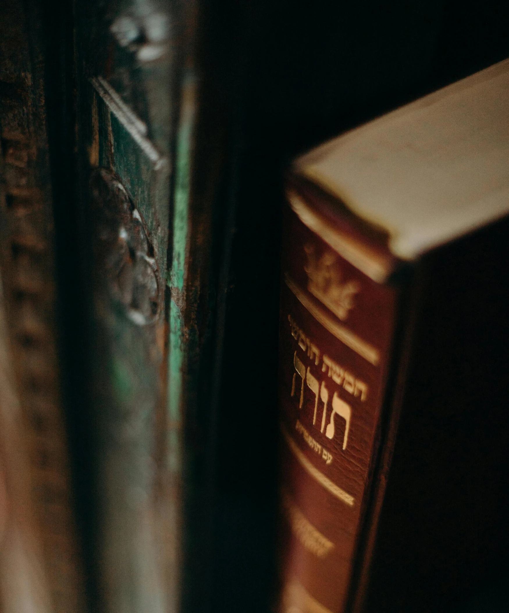 a close up of a book on a shelf, hebrew, dark and intricate, books, vintage vibe