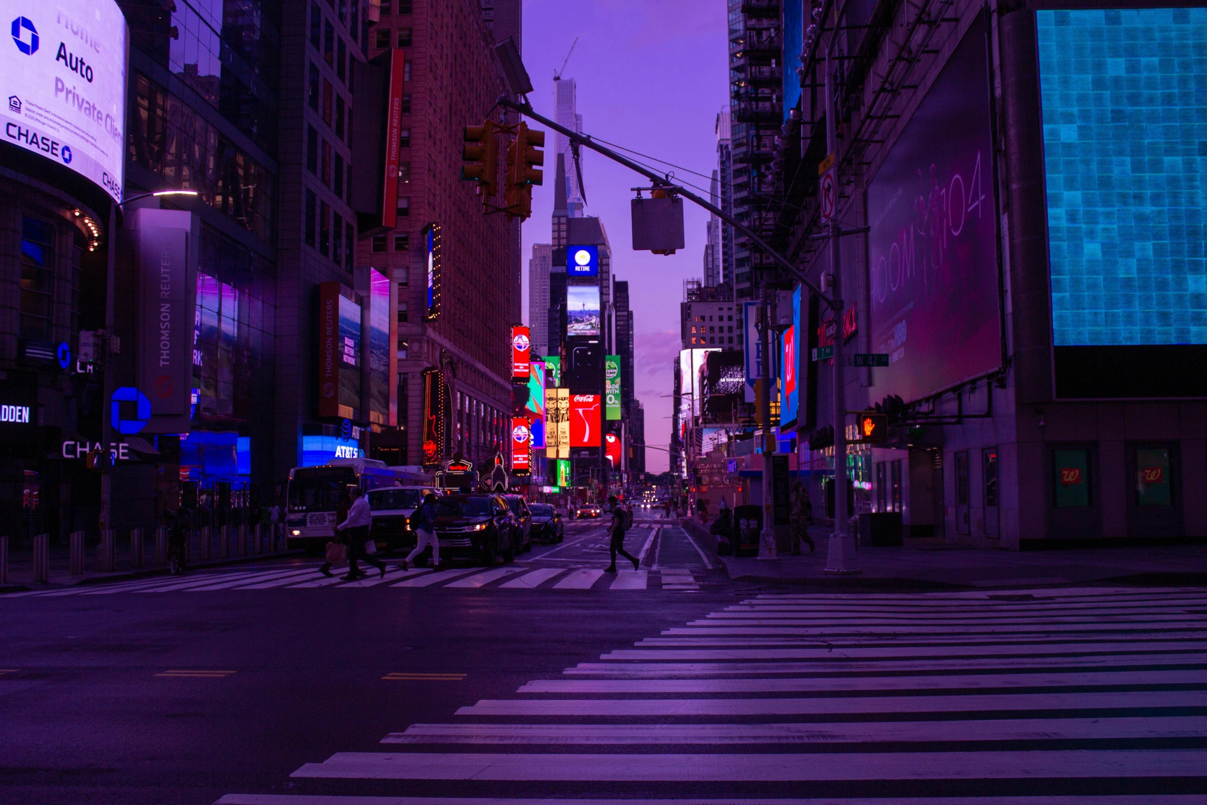 a city street filled with lots of traffic at night, pexels contest winner, shades of purple, time square, album art, empty streetscapes