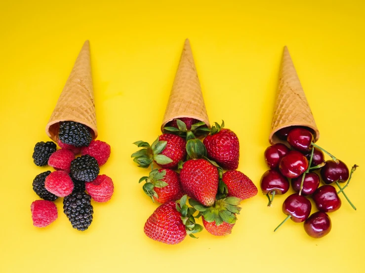 three ice cream cones filled with strawberries and cherries, pexels contest winner, pop art, yellows and reddish black, frank moth, fruit trees, full of colour 8-w 1024