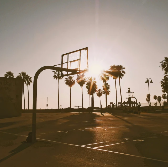 a basketball court with palm trees in the background, by Carey Morris, unsplash contest winner, low sun, in a square, oceanside, afternoon hangout