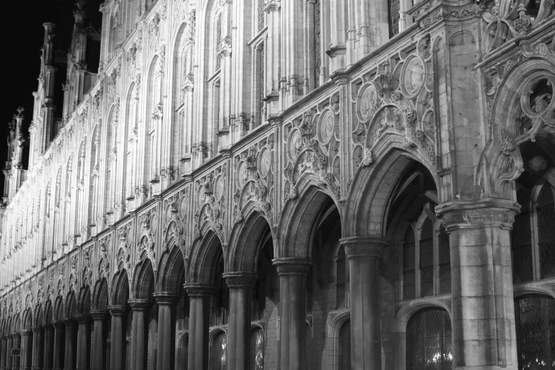 a black and white photo of an old building, inspired by Hubert van Eyck, pexels contest winner, gothic art, glowing imperial motifs, high details photo