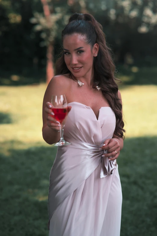 a woman in a white dress holding a wine glass, inspired by Carlo Martini, flickr, wearing a pink dress, still from the the sopranos, 15081959 21121991 01012000 4k, promotional image
