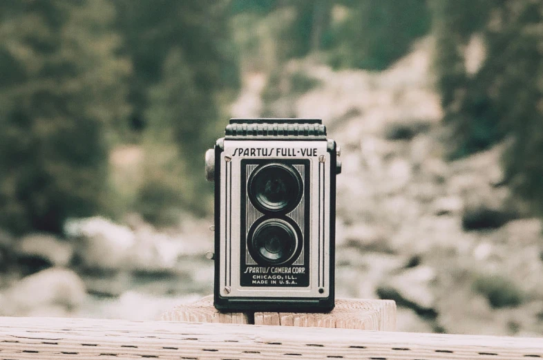 an old camera sitting on top of a wooden post, inspired by Vivian Maier, unsplash, rolleiflex tlr, in front of a forest background, medium format, small