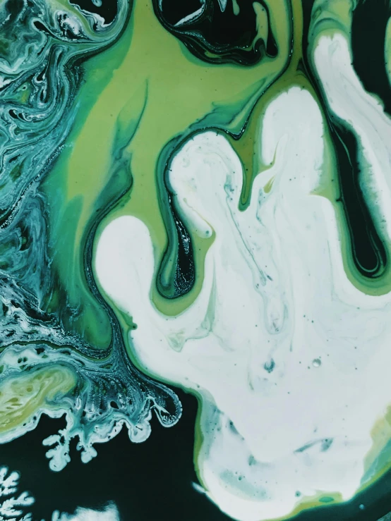 a close up of a painting of a person's face, an acrylic painting, inspired by Art Green, trending on unsplash, abstract art, fluid acrylic pour art, oil on canvas high angle view, green and white, made of liquid