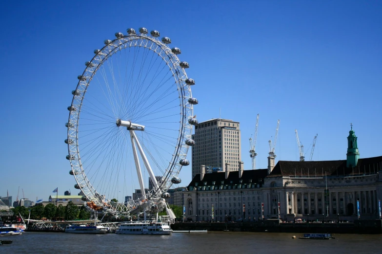 a large ferris wheel sitting on the side of a river, london architecture, slide show, square, fan favorite