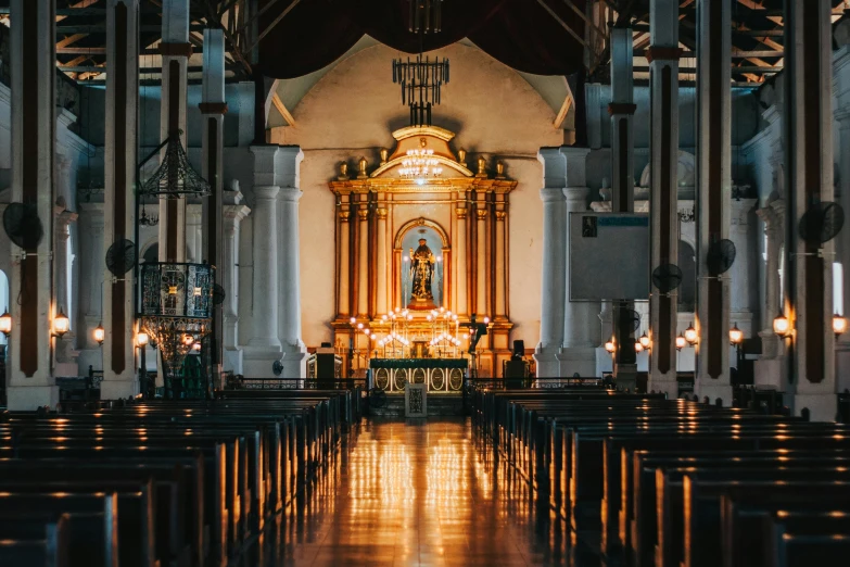 a church filled with lots of wooden pews, pexels contest winner, renaissance, lights inside, golden hour in boracay, profile image, white marble interior photograph