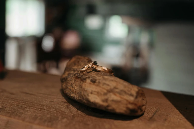 a couple of rings sitting on top of a piece of wood, by Emma Andijewska, pexels contest winner, lie on a golden stone, sitting on a mocha-colored table, blurred, ash thorp