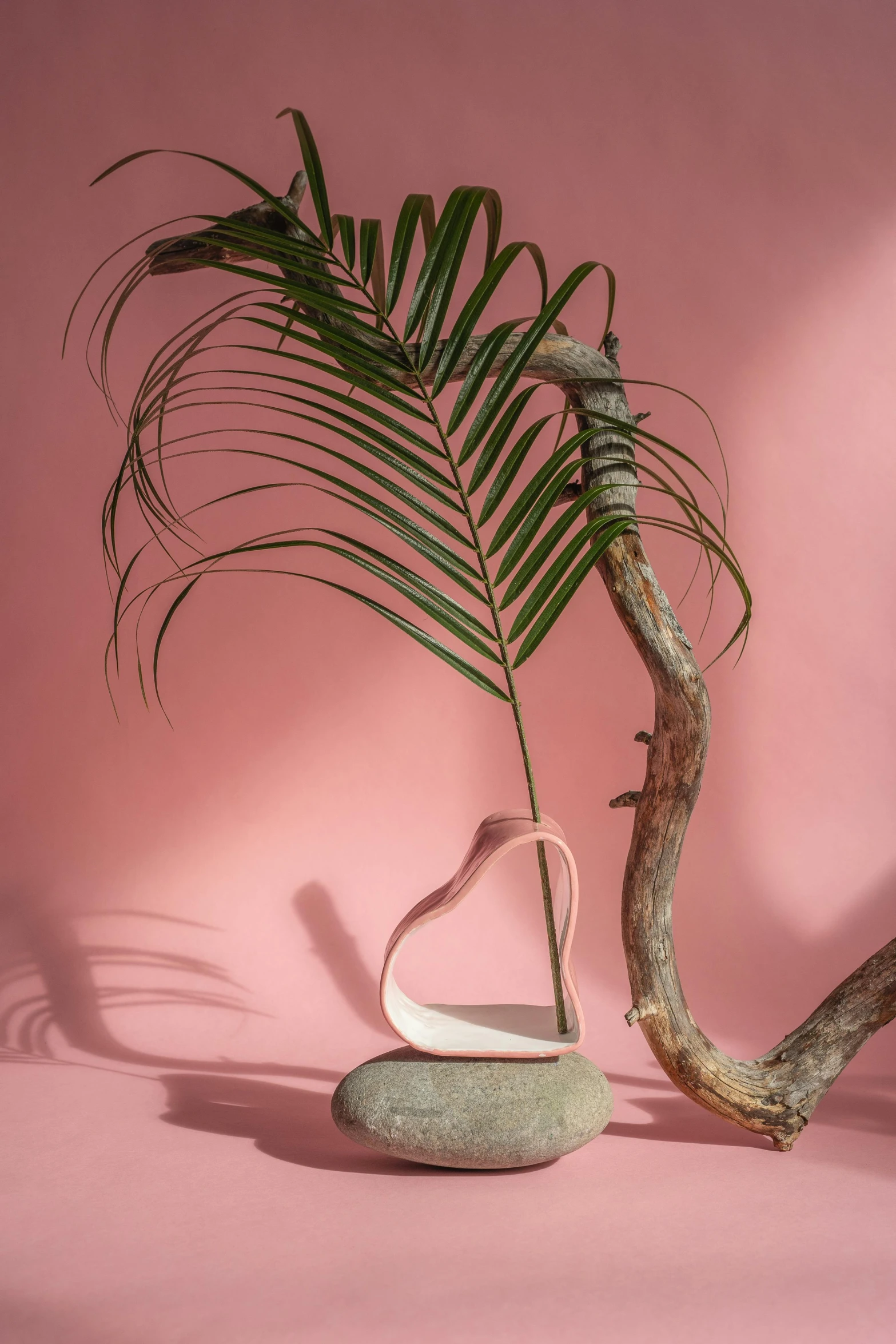 a vase sitting on top of a table next to a plant, an abstract sculpture, inspired by Isamu Noguchi, pink arches, dried palmtrees, sitting on a curly branch, dynamic angled shot