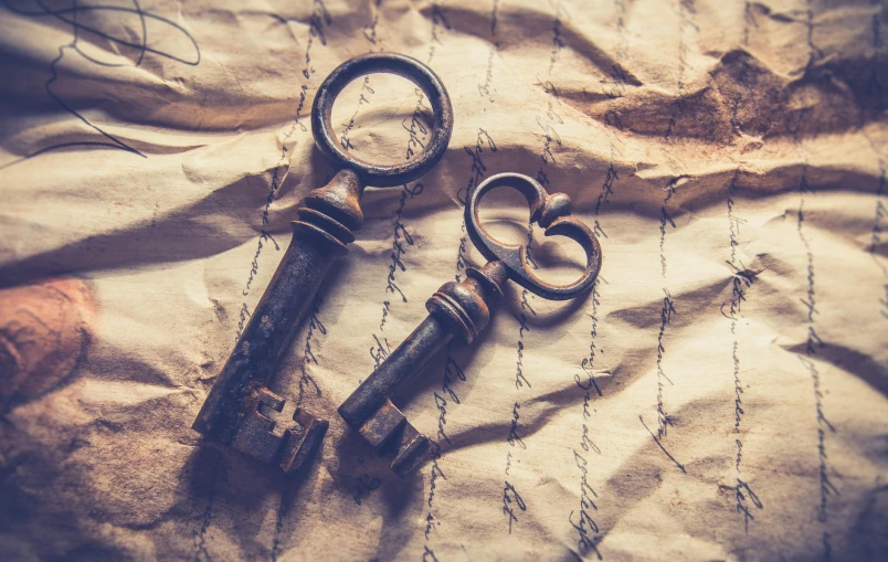 a couple of keys sitting on top of a piece of paper, pexels contest winner, romanticism, ancient evil letters, background image, old and young, steampunk! fiction