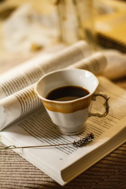 a cup of coffee sitting on top of a newspaper, renaissance, thumbnail, ekaterina, absolutely outstanding image, small