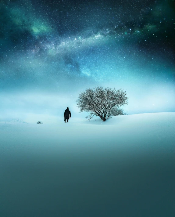 a man standing in the snow next to a tree, an album cover, by Adam Marczyński, pexels contest winner, magical realism, night sky; 8k, snow field, walking across ice planet, thoughtful )
